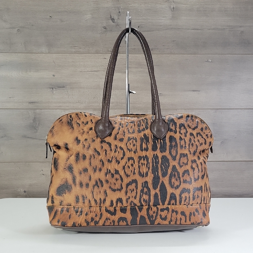 Large Laura Di Maggio Leopard Print Dome Leather Tote Bag with Brown Trim